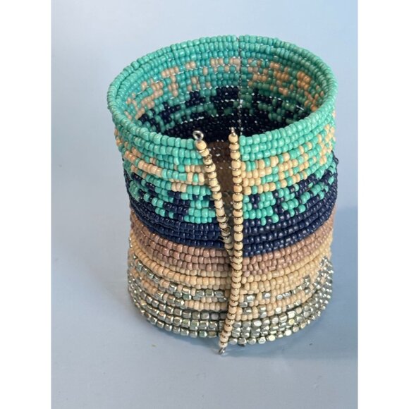 Vintage Beaded Metal Cuff Bracelet Multicolor Glass Tribal Western Design 2 3/4" - Picture 4 of 5